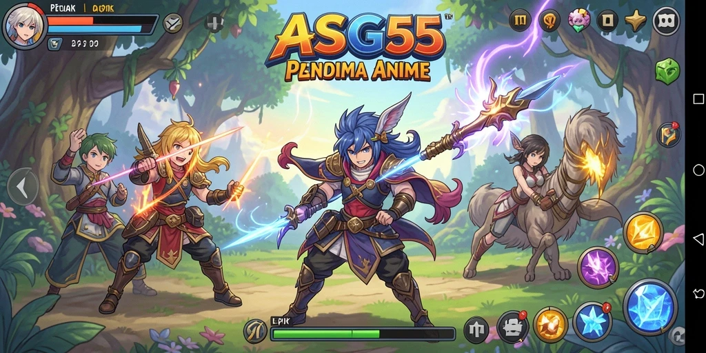 Screenshot gameplay ASG55 dengan karakter anime yang penuh warna.