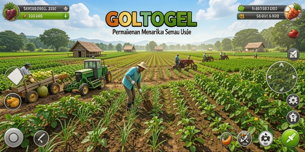 Tampilan gameplay GOLTOGEL yang menunjukkan kebun yang subur dan aktivitas pertanian.