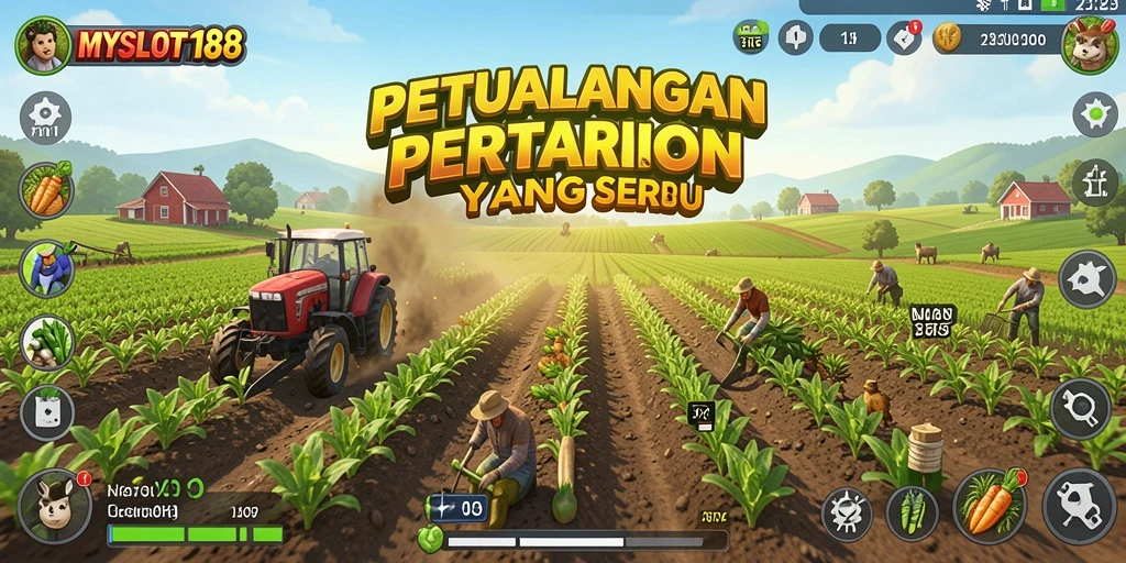 Tampilan gameplay MYSLOT188 yang menampilkan ladang subur dan hewan ternak.