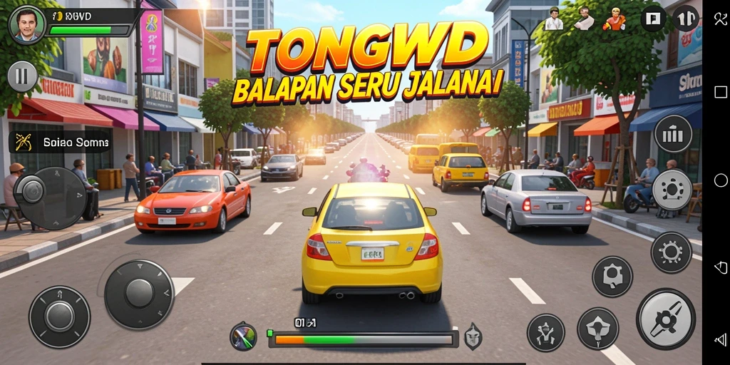 Gameplay menegangkan di TONGWD dengan mobil balap cepat.